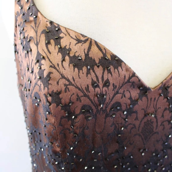 Vtg 90s Cache Brown Black Jacquard Fringe Sequin Beaded Cocktail Party Dress 6 - Picture 2 of 6